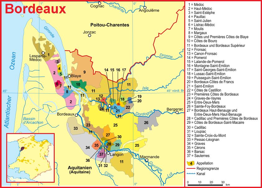 Karte von Bordeaux mit Appellationen - u. a. auch Saint-Émilion