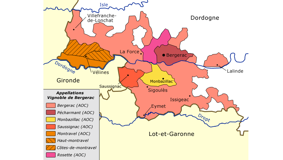 Karte von Bergerac mit Appellationen