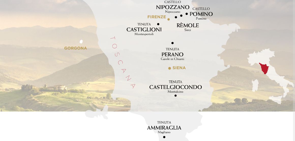 Frescobalsi - Landkarte der Toskana mit den Weingütern