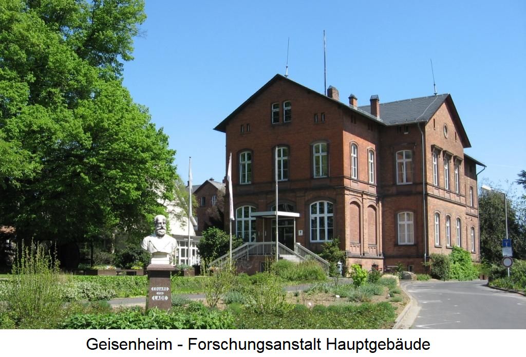 Geisenheim - Forschungsanstalt Hauptgebäude - links vorne Denkmal des Gründers