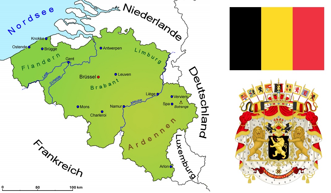 Belgien - Landkarte, Flagge und Wappen