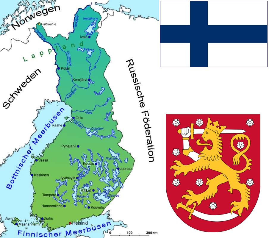 Finnland - Landkarte, Flagge und Wappen