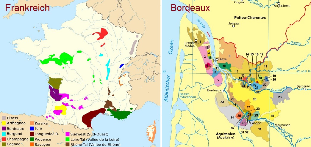 Frankreich - Karte von Frankreich und Bordeauzx