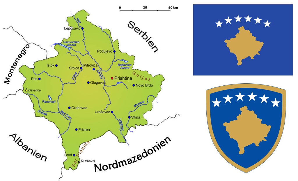 Kosovo - Landkarte, Flagge und Wappen