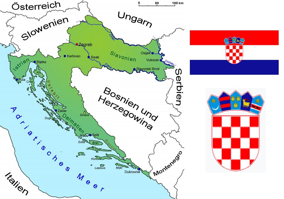 Kroatien - Landkarte, Flagge, Wappen