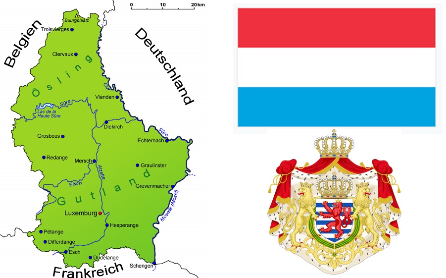 Luxemburg - Landkarte, Föagge, Wappen