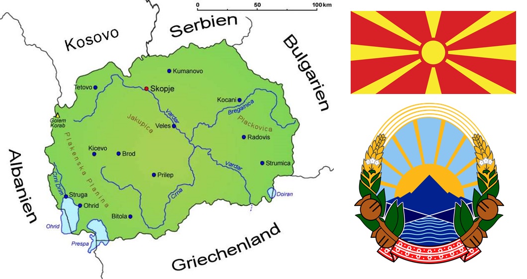 Nordmazedonien - Landkarte, Flagge und Wappen