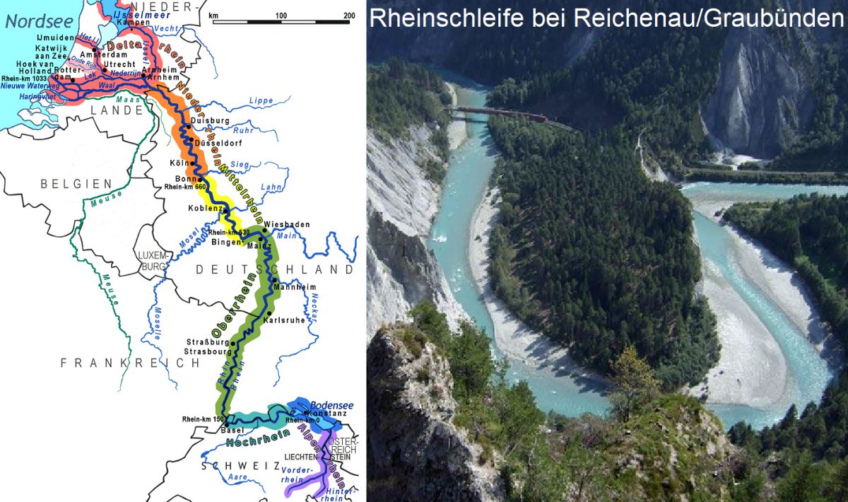 Rhein - Karte und Rheinschlucht bei Reichenau / Graubünden (Schweiz)