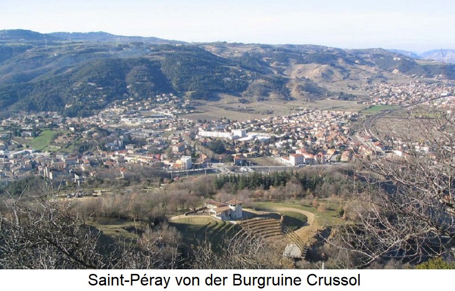 Saint-Péray - die Stadt von der Burgruine Crussol aus gesehen