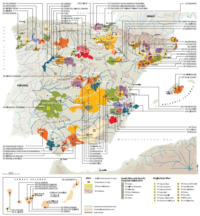Spanien - Weinregionen mit allen DO-, DOCG- und VdP-Bereichen
